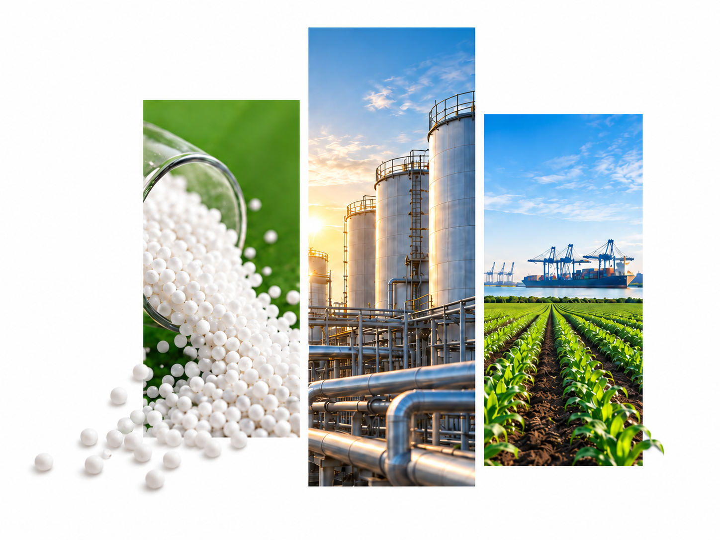 Illustrative fertilizer granules, industrial tanks and agricultural fields